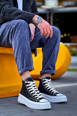 BİÇOMİ KB-CX-3 Kuback Uzun Siyah Keten Beyaz Yüksek Taban Spor Ayakkabı