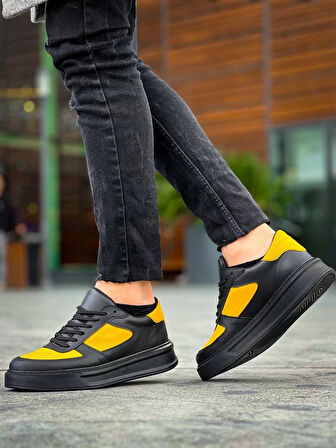 BİÇOMİ KB-X8 Kuback Siyah Sarı Cilt Yüksek Taban Günlük Spor Ayakkabı