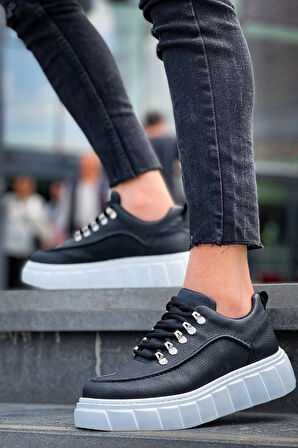 BİÇOMİ KB-X10 Kuback Siyah Cilt  Beyaz Yüksek Taban Günlük Spor Ayakkabı