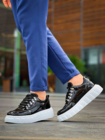 BİÇOMİ KB-X10 Kuback Siyah Rugan Beyaz Yüksek Taban Günlük Spor Ayakkabı