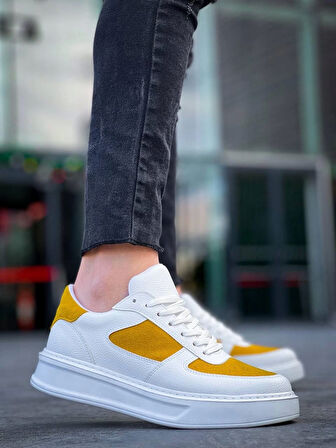 BİÇOMİ KB-X8 Kuback Beyaz Cilt Sarı Süet Detaylı Beyaz Yüksek Taban Günlük Spor Ayakkabı