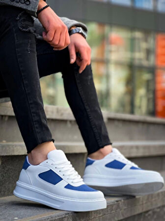 BİÇOMİ KB-X8 Kuback Beyaz Cilt Mavi Süet Detaylı Beyaz Yüksek Taban Günlük Spor Ayakkabı