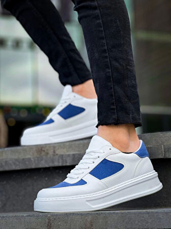 BİÇOMİ KB-X8 Kuback Beyaz Cilt Mavi Süet Detaylı Beyaz Yüksek Taban Günlük Spor Ayakkabı
