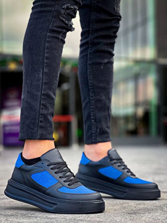 BİÇOMİ KB-X8 Kuback Siyah Cilt Mavi Süet Detaylı Siyah Yüksek Taban Günlük Spor Ayakkabı