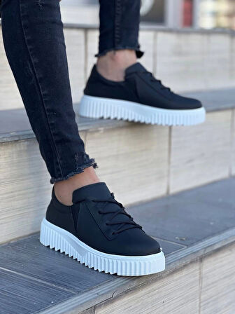 BİÇOMİ KB-X502  Kuback Siyah Cilt Yüksek Beyaz Taban Bağcık Detaylı Lastikli Günlük Erkek Ayakkabı