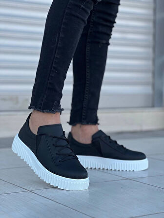 BİÇOMİ KB-X502  Kuback Siyah Cilt Yüksek Beyaz Taban Bağcık Detaylı Lastikli Günlük Erkek Ayakkabı