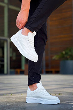 BİÇOMİ KB-006 Kuback Beyaz Cilt  Yüksek Taban Bağcıklı Günlük Erkek Ayakkabı