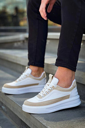 BİÇOMİ KB-006 Kuback Beyaz Cilt Bej Süet  Yüksek Taban Bağcıklı Günlük Erkek Ayakkabı