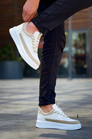 BİÇOMİ KB-006 Kuback Beyaz Cilt Bej Süet  Yüksek Taban Bağcıklı Günlük Erkek Ayakkabı