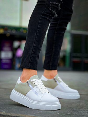 BİÇOMİ KB-X155 Kuback Beyaz Cilt Gri Süet Detaylı Beyaz Yüksek Taban Günlük Spor Ayakkabı