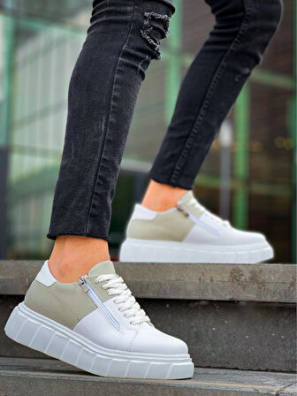 BİÇOMİ KB-X155 Kuback Beyaz Cilt Gri Süet Detaylı Beyaz Yüksek Taban Günlük Spor Ayakkabı