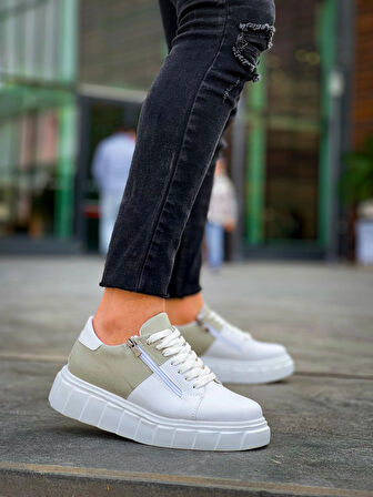 BİÇOMİ KB-X155 Kuback Beyaz Cilt Gri Süet Detaylı Beyaz Yüksek Taban Günlük Spor Ayakkabı