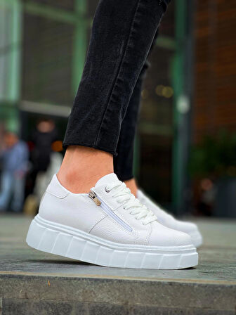 BİÇOMİ KB-X155 Kuback Beyaz Cilt Detaylı Beyaz Yüksek Taban Günlük Spor Ayakkabı