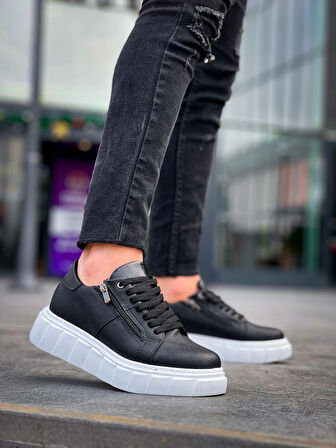 BİÇOMİ KB-X155 Kuback Siyah Cilt Detaylı Beyaz Yüksek Taban Günlük Spor Ayakkabı