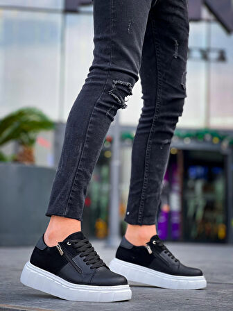 BİÇOMİ KB-X155 Kuback Siyah Cilt Siyah Süet Detaylı Beyaz Yüksek Taban Günlük Spor Ayakkabı