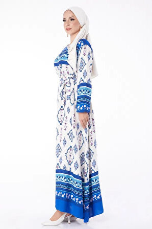 BİÇOMİ Düz Bisiklet Yaka Kadın Mavi Etnik Desenli Elbise