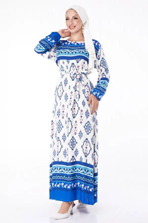 BİÇOMİ Düz Bisiklet Yaka Kadın Mavi Etnik Desenli Elbise