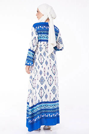 BİÇOMİ Düz Bisiklet Yaka Kadın Mavi Etnik Desenli Elbise