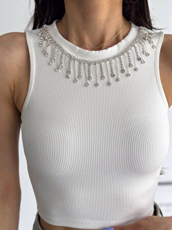 BİÇOMİ fitilli kaşkorse yakası zincirli atlet beyaz