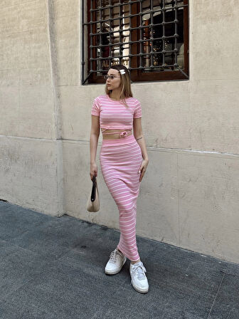 BİÇOMİ Çizgili etekli takım pembe s3609