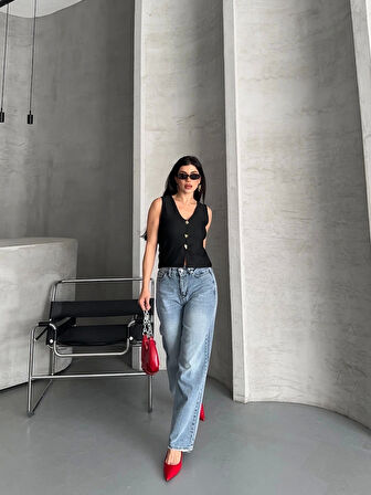 BİÇOMİ Palazzo straight kar yıkama jeans pantolon mavi d2008