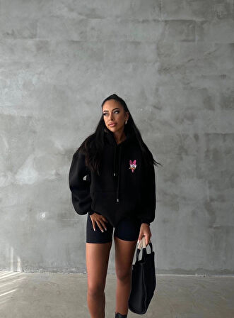 BİÇOMİ 3 iplik şardonlu oversize compact ördek baskılı sweat siyah