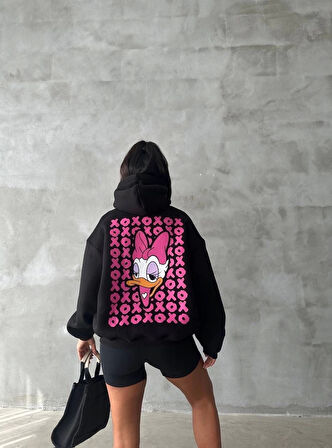 BİÇOMİ 3 iplik şardonlu oversize compact ördek baskılı sweat siyah