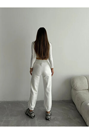 BİÇOMİ 3 iplik şardonlu paça lastikli eşofman beyaz is001