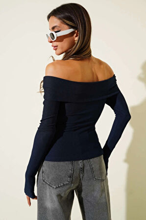 BİÇOMİ Madonna Yaka Düğmeli Bluz Lacivert t4329