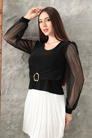 BİÇOMİ Tokalı tül kollu bluz siyah t4071