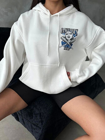 BİÇOMİ 3 iplik şardonlu oversize kafa baskılı sweat beyaz