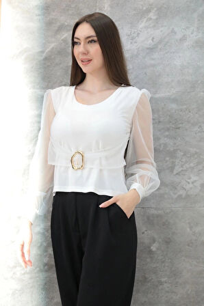 BİÇOMİ Tokalı tül kollu bluz beyaz t4071