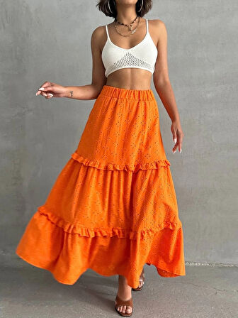 BİÇOMİ Fırfırlı brodeli astarlı uzun etek turuncu s255047