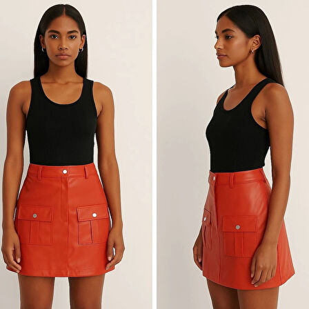 BİÇOMİ Önden iki cepli deri etek turuncu h240040