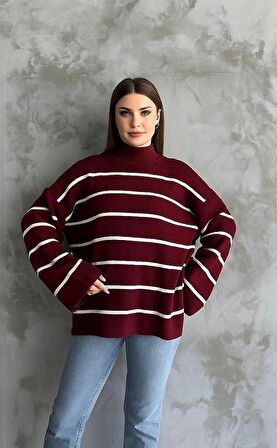 BİÇOMİ Çizgili ispanyol kol triko boğazlı kazak bordo elf