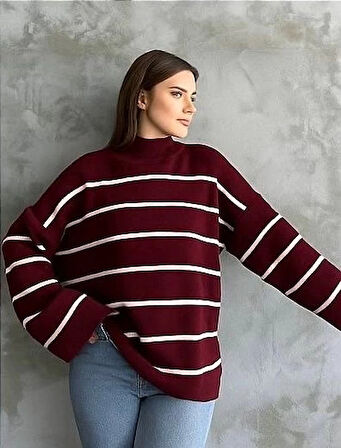 BİÇOMİ Çizgili ispanyol kol triko boğazlı kazak bordo elf