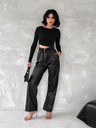 BİÇOMİ Kendinden ince kemerli deri pantolon siyah t1178