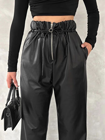 BİÇOMİ Kendinden ince kemerli deri pantolon siyah t1178