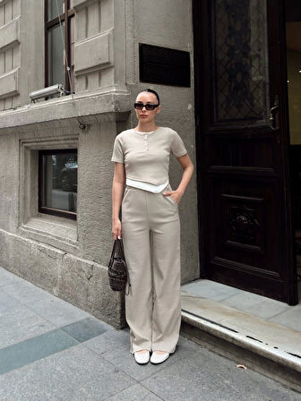 BİÇOMİ Düğme yakalı bej alt üst takım s3943