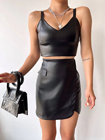 BİÇOMİ Cep detaylı oval kapaklı deri etek siyah h240048