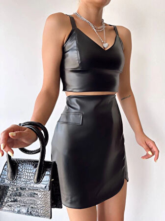 BİÇOMİ Cep detaylı oval kapaklı deri etek siyah h240048