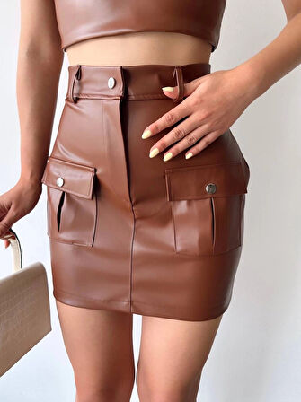 BİÇOMİ Önden iki cepli deri etek kahve h240040