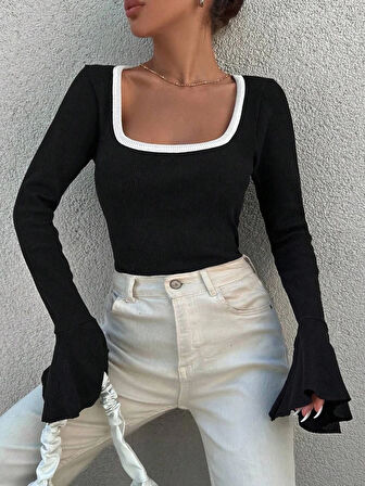 BİÇOMİ Kare yaka garni detay ispanyol kol bluz siyah a3105