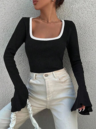 BİÇOMİ Kare yaka garni detay ispanyol kol bluz siyah a3105