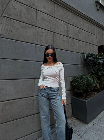 BİÇOMİ Kelebek yaka uzun kol bluz beyaz