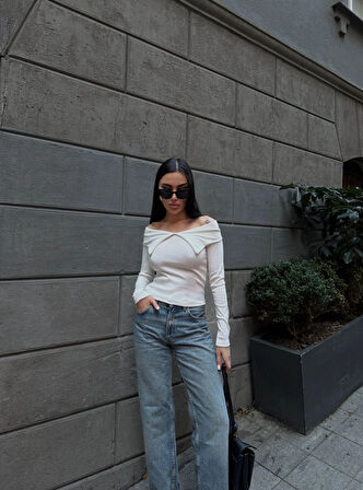 BİÇOMİ Kelebek yaka uzun kol bluz beyaz