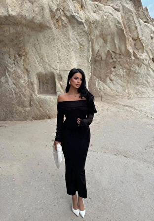 BİÇOMİ Madonna yaka esnek kumaş elbise siyah