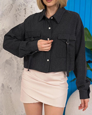 BİÇOMİ Kemer cepli keten crop gömlek siyah s255350