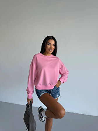 BİÇOMİ 2 iplik bisiklet yaka sweat pembe f2339