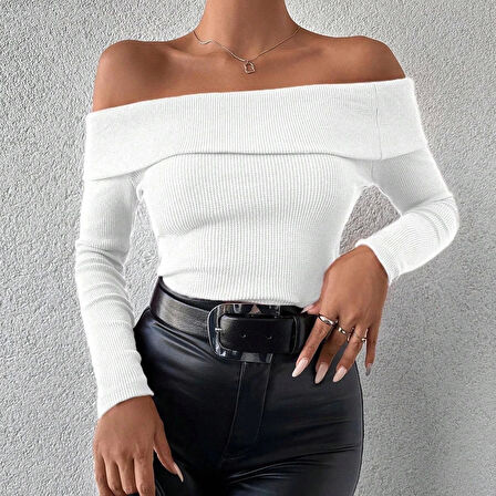 BİÇOMİ Uzun kol madonna yaka bluz beyaz